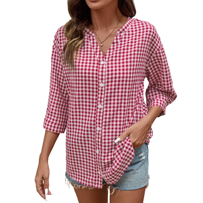 LOMON Cotton 3/4 Sleeve Button Down Shirts for Women Gingham Plaid Striped Tops V Neck Casual Loose Blouse by LOMON - Image 7