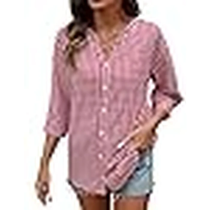 LOMON Cotton 3/4 Sleeve Button Down Shirts for Women Gingham Plaid Striped Tops V Neck Casual Loose Blouse by LOMON - Image 9