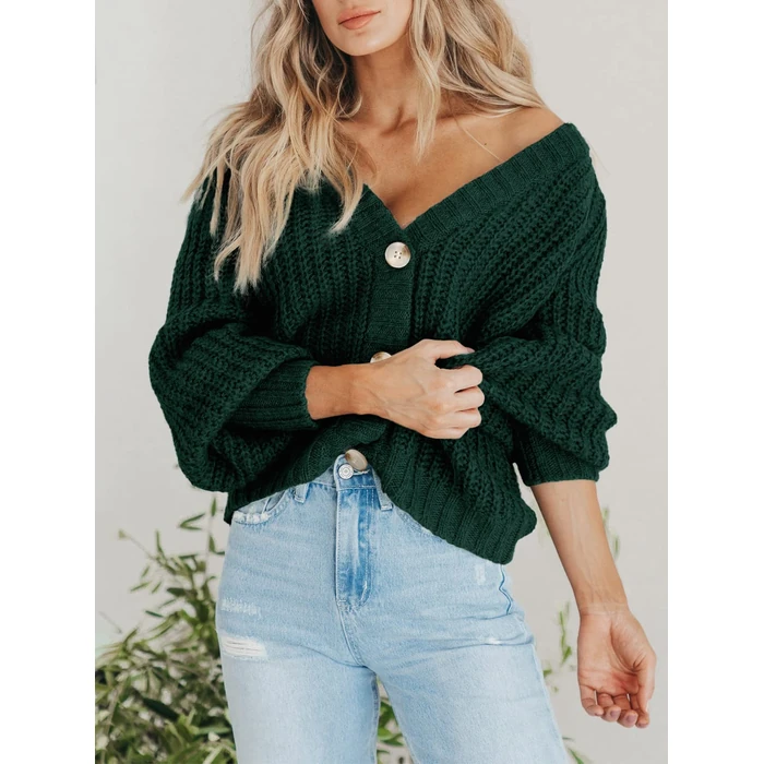 PRETTYGARDEN Women's Short Cardigan Sweaters V Neck Button-Down Long Sleeve Oversized Chunky Knit Cardigans (Dark Green, XX-Large) by PRETTYGARDEN - Image 3