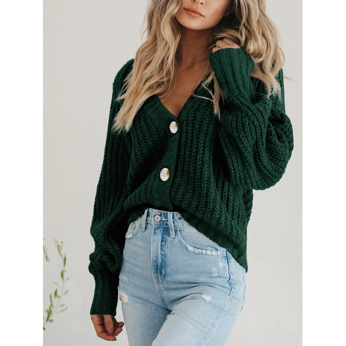 PRETTYGARDEN Women's Short Cardigan Sweaters V Neck Button-Down Long Sleeve Oversized Chunky Knit Cardigans (Dark Green, XX-Large) by PRETTYGARDEN - Image 6