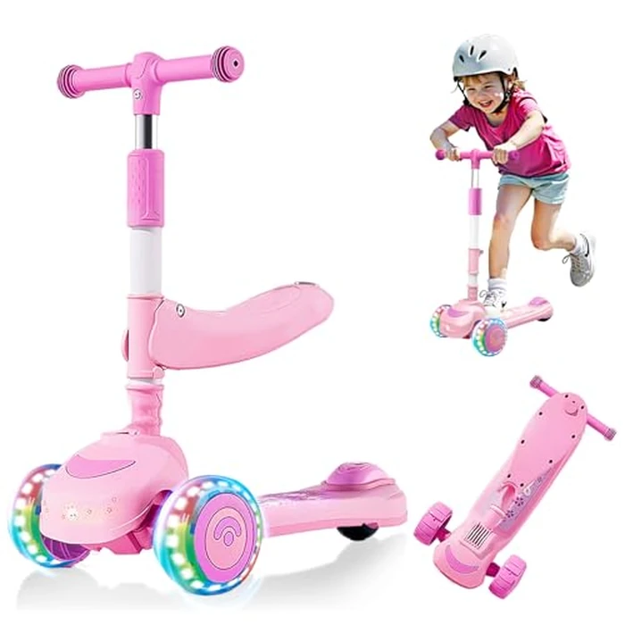 Kick Scooter for Kids Ages 3-8,Foldable Scooter with Seat,2-in-1 Kick Scooter Adjustable Height, 3 LED Light Wheels, Outdoor Activities for Toddlers Boys Girls (Pink) by CLrkualn - Used - Good condition - CA$48.13