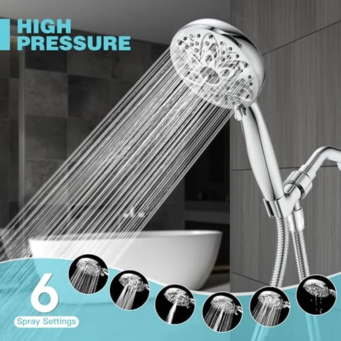 6-Setting Shower Head with Handheld, JDO High Pressure Hand held Shower Head, 4.7 Inch Chrome Detachable Showerhead Set with 59 Inch Stainless Steel Hose and Adjustable Showerhead Holder by JDO - Image 1