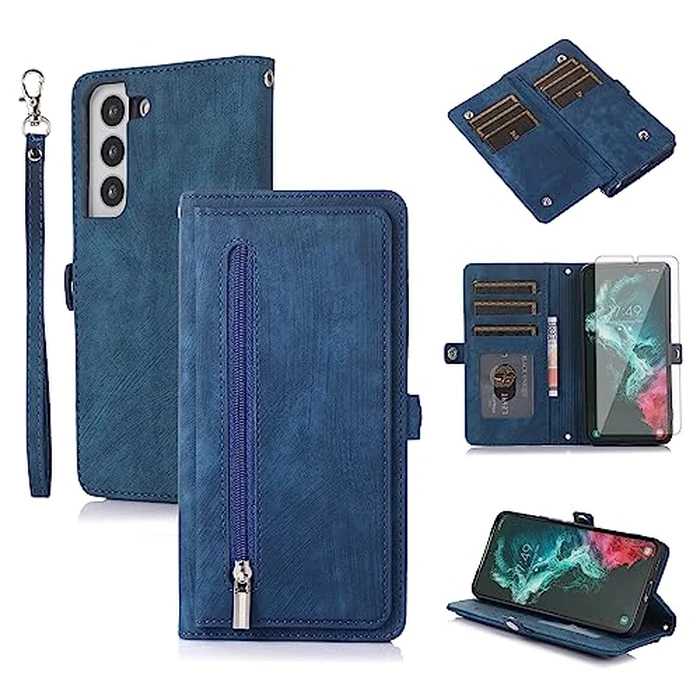 Asuwish Phone Case for Samsung Galaxy S21 FE 5G Wallet Cover with Tempered Glass Screen Protector and Flip Zipper Credit Card Holder Stand Cell S 21 EF S21FE5G UW S21FE 21S G5 6.4 inch Women Men Blue by Asuwish - Used - Good condition - CA$5.13