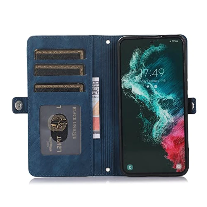 Asuwish Phone Case for Samsung Galaxy S21 FE 5G Wallet Cover with Tempered Glass Screen Protector and Flip Zipper Credit Card Holder Stand Cell S 21 EF S21FE5G UW S21FE 21S G5 6.4 inch Women Men Blue by Asuwish - Image 7