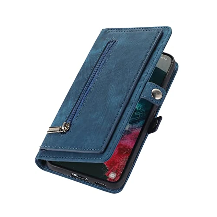Asuwish Phone Case for Samsung Galaxy S21 FE 5G Wallet Cover with Tempered Glass Screen Protector and Flip Zipper Credit Card Holder Stand Cell S 21 EF S21FE5G UW S21FE 21S G5 6.4 inch Women Men Blue by Asuwish - Image 8