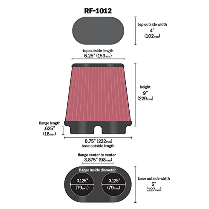 K&N Universal Clamp-On Air Intake Filter: High Performance, Premium Washable, Replacement Filter: Flange Diameter: 3.125 In, Filter Height: 9 In, Flange Length: 0.625 In, Shape: Oval Straight, RF-1012 by K&N - Image 2