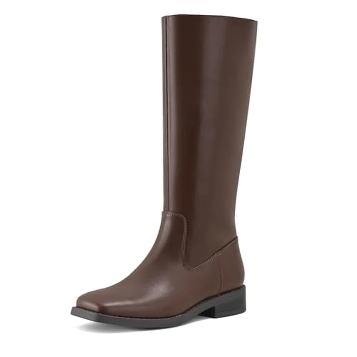 Shoe'N Tale Knee High Boots for Women Block Low Heel Stretchy Square Toe with Side Zipper Fall and Winter Fashion Comfortable Boots(9,Brown PU) by Shoe'N Tale - Used - Like New condition - US$25.53