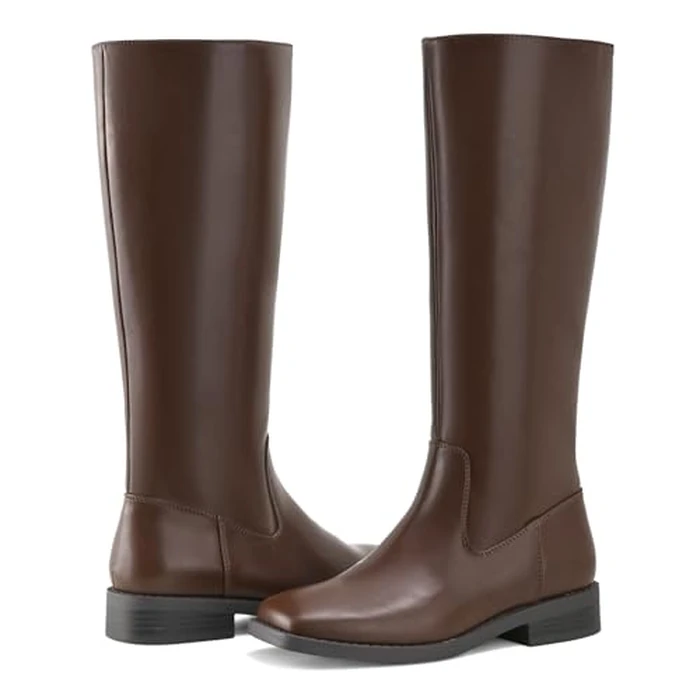 Shoe'N Tale Knee High Boots for Women Block Low Heel Stretchy Square Toe with Side Zipper Fall and Winter Fashion Comfortable Boots(9,Brown PU) by Shoe'N Tale - Image 2