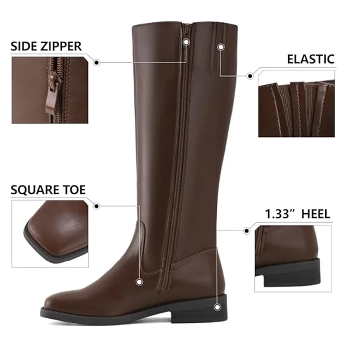 Shoe'N Tale Knee High Boots for Women Block Low Heel Stretchy Square Toe with Side Zipper Fall and Winter Fashion Comfortable Boots(9,Brown PU) by Shoe'N Tale - Image 3