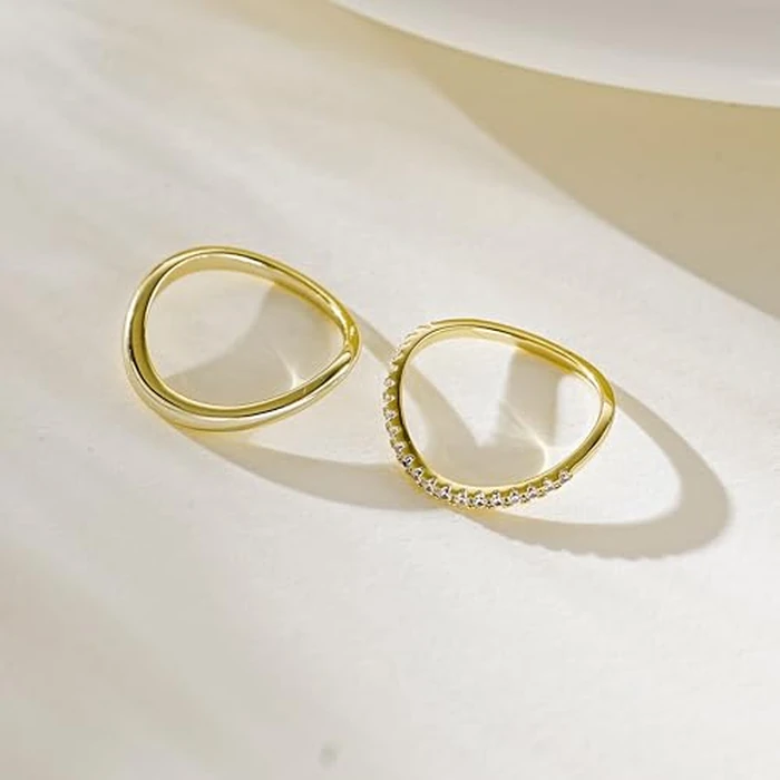 Kainier 2pairs Stacking Rings for Women 1mm 14K Gold Plated CZ V-Shaped Wavy Band Thin Pinky Thumb Stackable Ring Set Dainty Non Tarnish Comfort Fit Size 5 to 10 by Kainier - Image 5