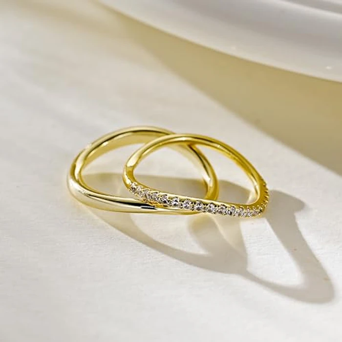 Kainier 2pairs Stacking Rings for Women 1mm 14K Gold Plated CZ V-Shaped Wavy Band Thin Pinky Thumb Stackable Ring Set Dainty Non Tarnish Comfort Fit Size 5 to 10 by Kainier - Image 7
