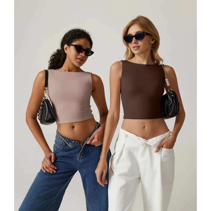 QINSEN Open Back Sleeveless Crop Tank for Women Double Lined Slim Fit Cropped T Shirt Tops Rose Taupe L by QINSEN - Image 2