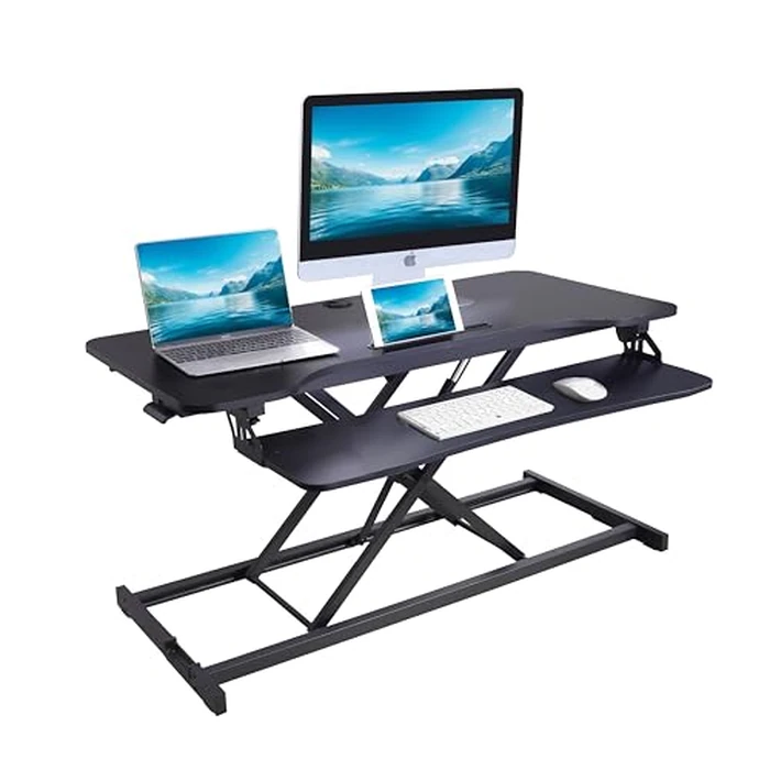 Rocelco 43" Height Adjustable Standing Desk Converter - Tall Sit Stand Up Tabletop Riser with Tablet Slot - Home Office Computer Workstation - Deep Keyboard Tray for Laptop Mouse - Black (R VADRB-43) by Rocelco - Image 1