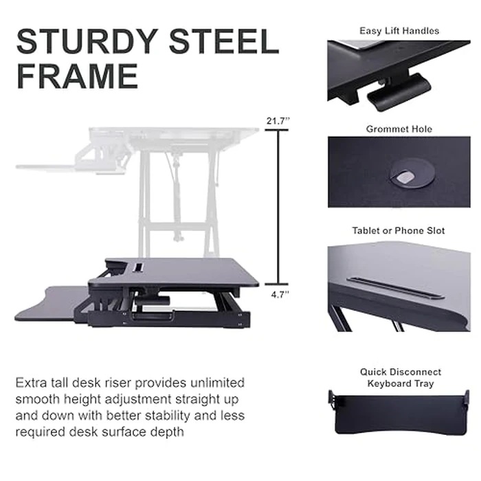 Rocelco 43" Height Adjustable Standing Desk Converter - Tall Sit Stand Up Tabletop Riser with Tablet Slot - Home Office Computer Workstation - Deep Keyboard Tray for Laptop Mouse - Black (R VADRB-43) by Rocelco - Image 2