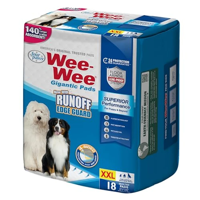 Four Paws Wee-Wee Superior Performance Pee Pads for Dogs with Runoff Barrier Edge Guard Protection, Puppy & Dog Potty Training Pads, Housebreaking Supplies, 27.5" x 44" (18 Count) by Four Paws - Image 1