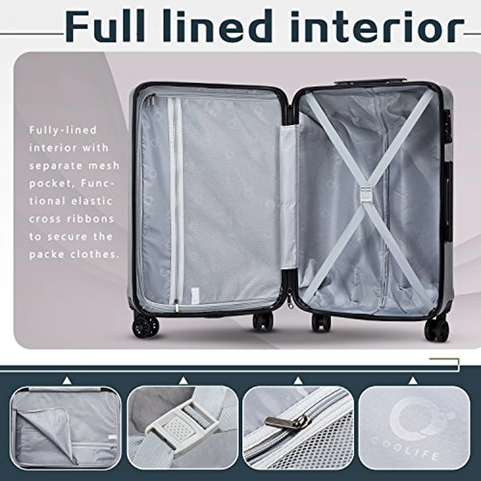 Coolife Luggage Suitcase PC+ABS with TSA Lock Spinner Carry on Hardshell Lightweight 20in 24in 28in (Grey, M(24IN)) by Coolife - Image 6