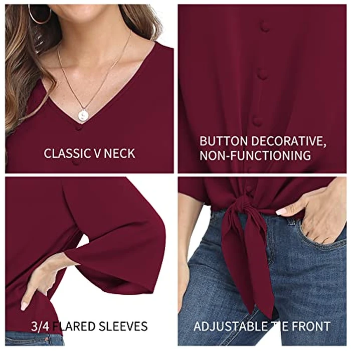 VIISHOW Women's Button V Neck Chiffon Tops 3/4 Bell Sleeve Tie Knot Casual Blouses Loose Summer Shirts, Pure Black, X-Large by VIISHOW - Used - Like New condition
