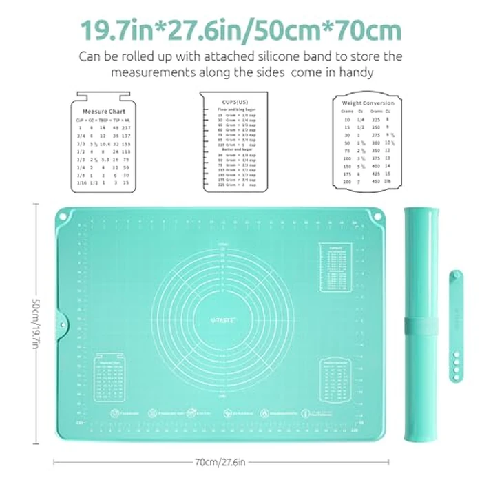 U-Taste 28"x20" Large Pastry Mat: Food-Grade Liquid Silicone Dough Rolling Baking Sheet, Non-Stick Non-Slip for Kneading, Making Pizza, Fondant, Pie with Clear Measurement and Raised Edges (Aqua Sky) by U-Taste - Image 2