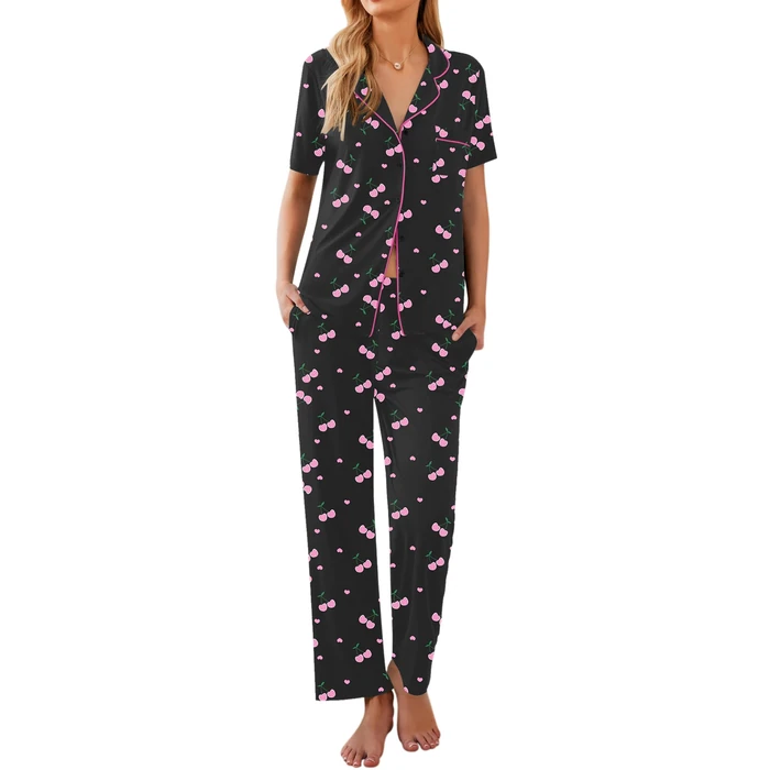 Ekouaer Women Pajamas Set Button Down Sleepwear Short Sleeve Nightwear with Long Pants Soft Pjs Set Black Cherry L by Ekouaer - Used - Very Good condition - US$20.94