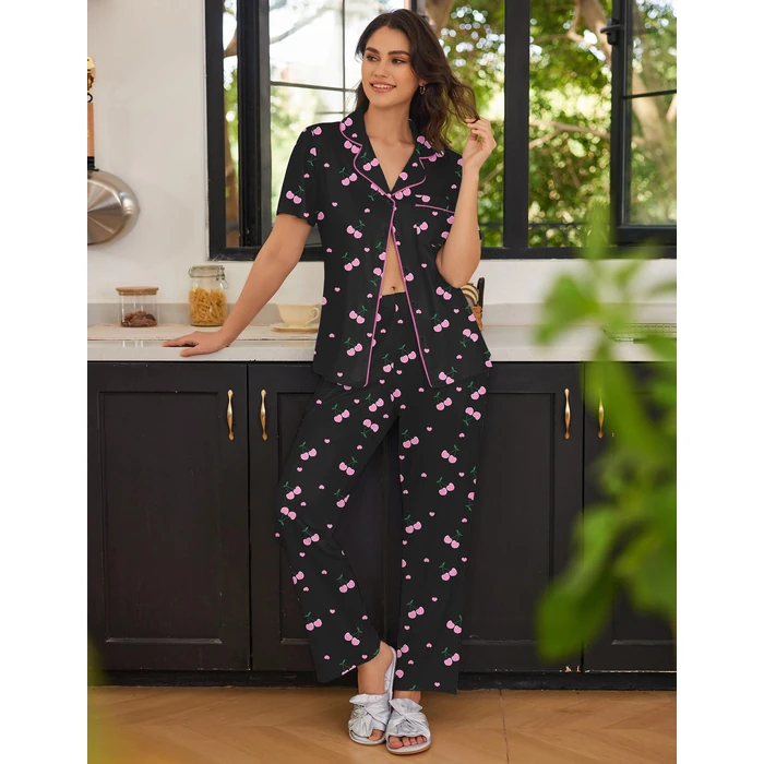 Ekouaer Women Pajamas Set Button Down Sleepwear Short Sleeve Nightwear with Long Pants Soft Pjs Set Black Cherry L by Ekouaer - Image 2