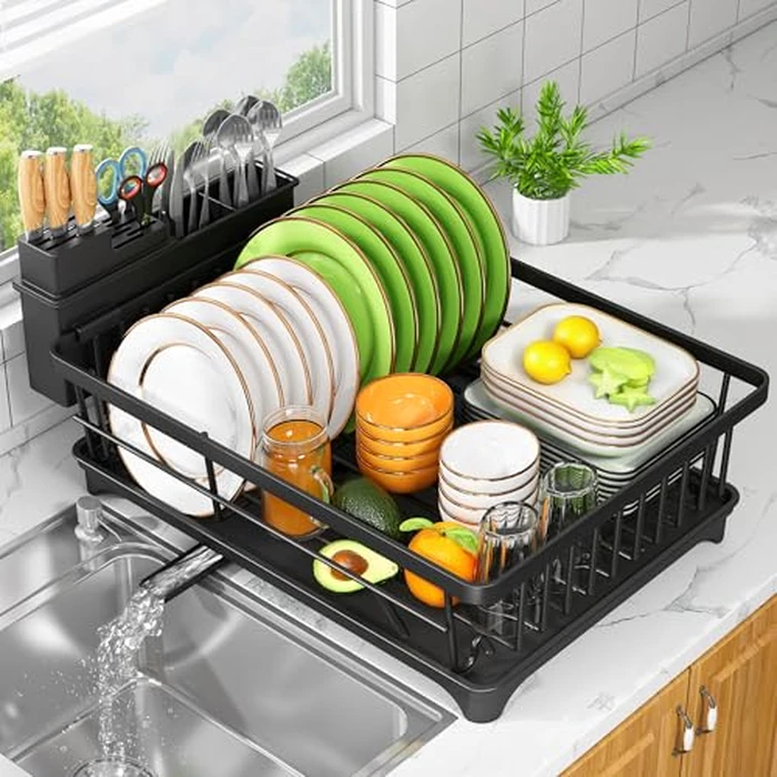 Kmiectse Dish Drying Rack - Space-Saving Small Dish Rack for Kitchen Counter, Rust-Resistant Kitchen Drying Rack, Compact Dish Drainer Organizer with Utensil Holder for Home Kitchen, Black by Kmiectse - Image 1