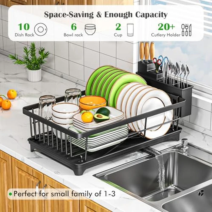 Kmiectse Dish Drying Rack - Space-Saving Small Dish Rack for Kitchen Counter, Rust-Resistant Kitchen Drying Rack, Compact Dish Drainer Organizer with Utensil Holder for Home Kitchen, Black by Kmiectse - Image 3