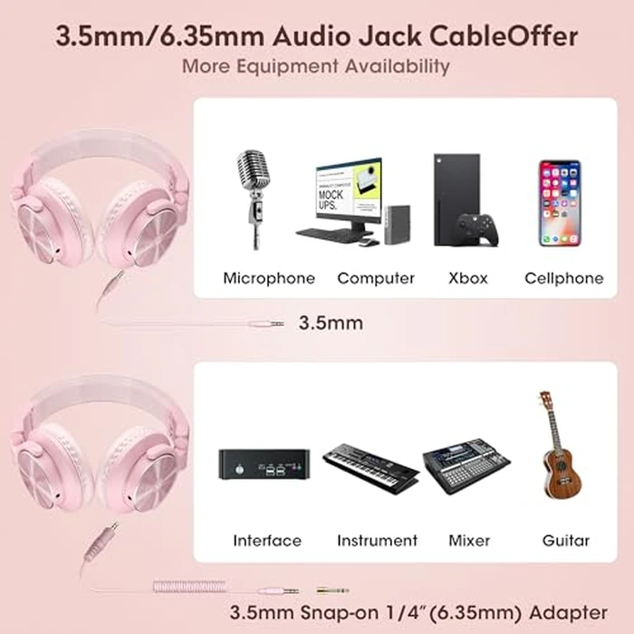 PUPGSIS Wired Hi-Res Studio Monitor Headphones - 50mm Drivers Over-Ear with 1/4 to 3.5mm Jack, for AMP Recording, Mixing, DJ, Gaming & Music Production(Pink) by P PUPGSIS - Image 4