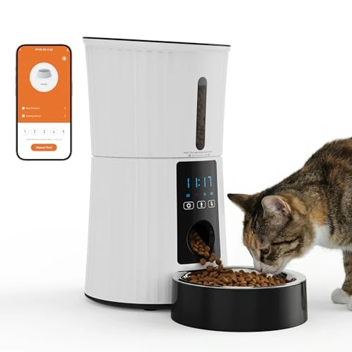 DUMOS Automatic Cat Feeder, 4L WiFi Timed Cat Food Dispenser with APP Control, 10s Voice Recorder, Dual Power Supply, Indoor Programmable Pet Feeder with Desiccant for Small Cats and Dogs, White by DUMOS - Used - Very Good condition - US$36.67