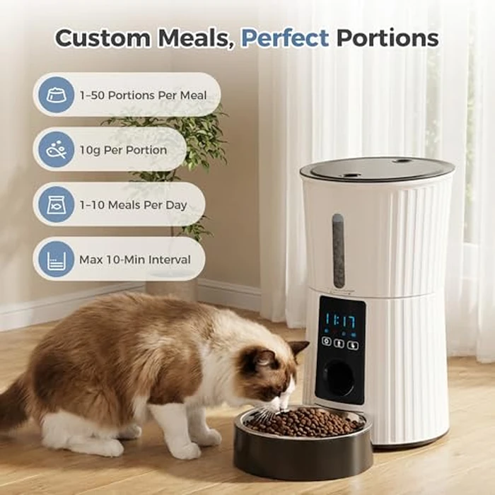 DUMOS Automatic Cat Feeder, 4L WiFi Timed Cat Food Dispenser with APP Control, 10s Voice Recorder, Dual Power Supply, Indoor Programmable Pet Feeder with Desiccant for Small Cats and Dogs, White by DUMOS - Image 4