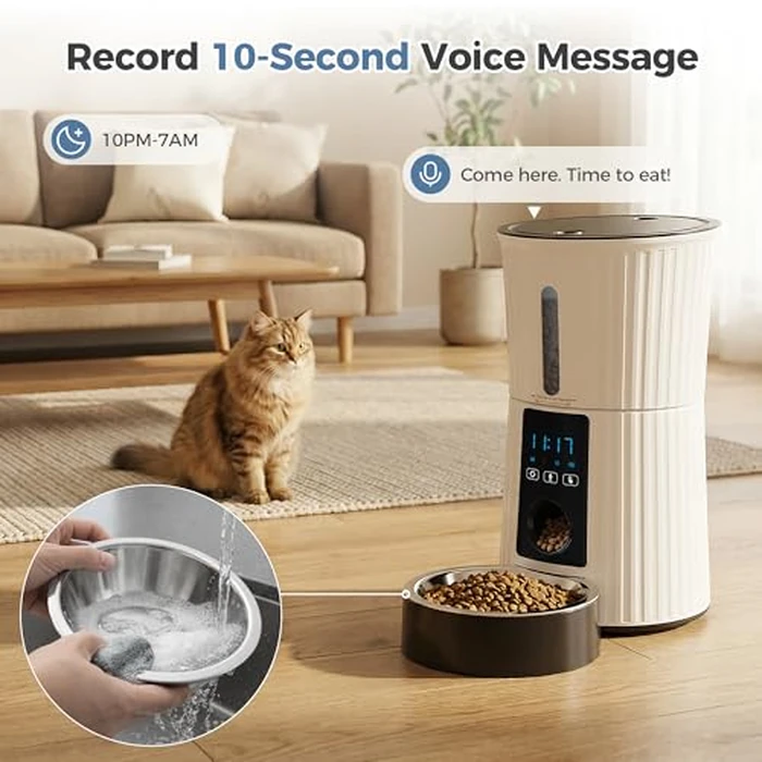 DUMOS Automatic Cat Feeder, 4L WiFi Timed Cat Food Dispenser with APP Control, 10s Voice Recorder, Dual Power Supply, Indoor Programmable Pet Feeder with Desiccant for Small Cats and Dogs, White by DUMOS - Image 6
