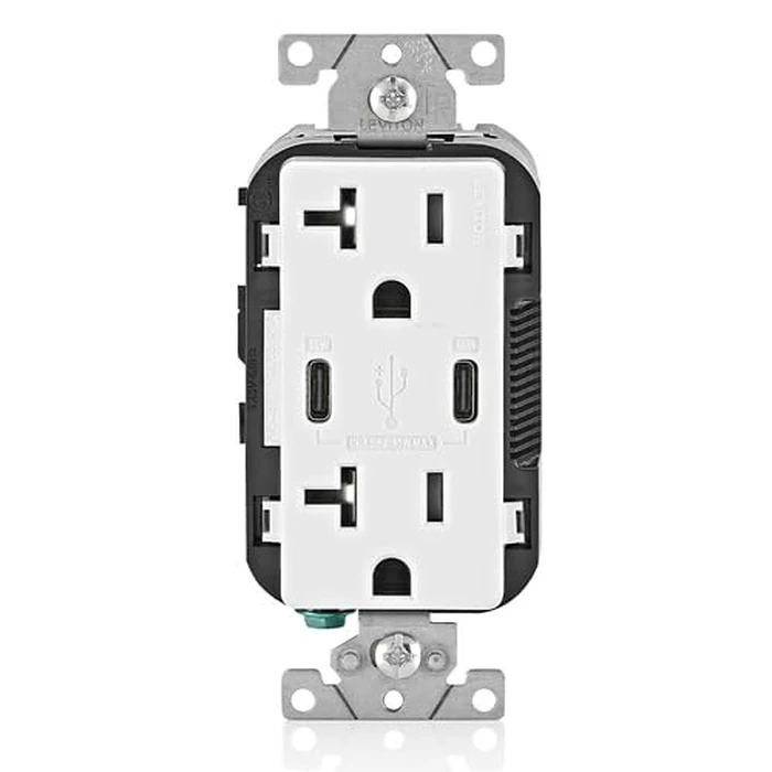 Leviton USB Dual Type-C Receptacle, 20 Amp, Tamper-Resistant, T5837-W, White by Leviton - Image 1