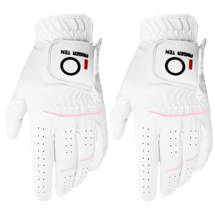FINGER TEN Womens Ladies Golf Gloves Pair Both Hand 2 Pack Left Right Hand, All Weather Grip Comfortable Glove for Performance, Stylish Pink White Purple Fit S M L XL (White, Left, Small) by FINGER TEN - Used - Very Good condition