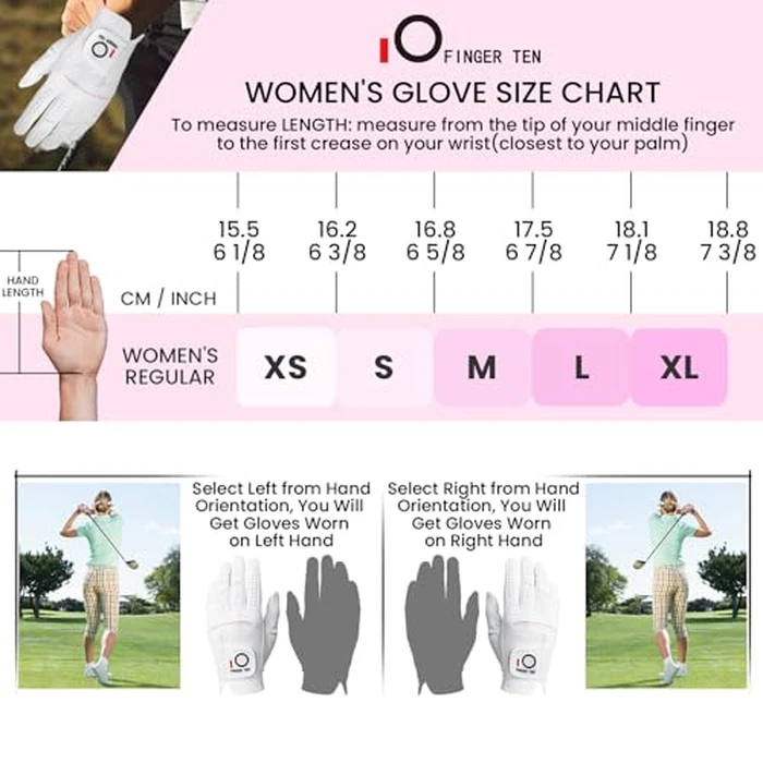 FINGER TEN Womens Ladies Golf Gloves Pair Both Hand 2 Pack Left Right Hand, All Weather Grip Comfortable Glove for Performance, Stylish Pink White Purple Fit S M L XL (White, Left, Small) by FINGER TEN - Image 5