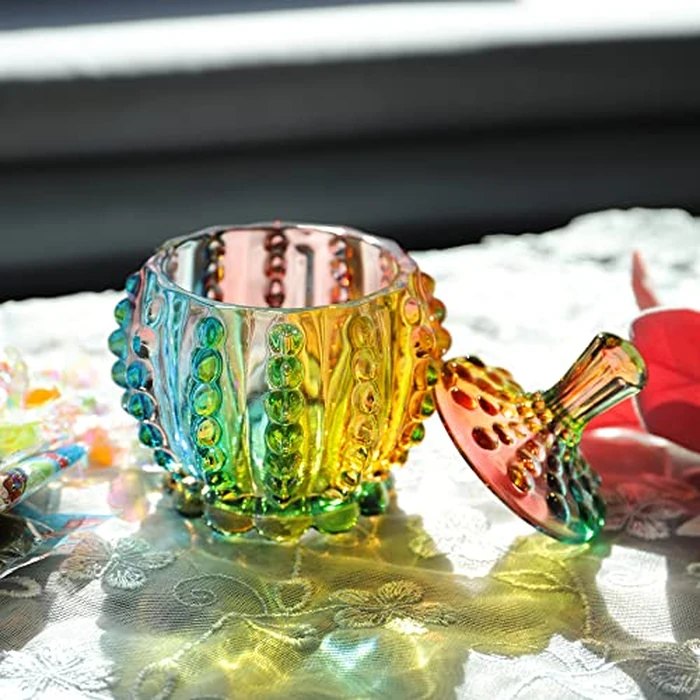 Joeyan 6 oz Colorful Embossed Glass Jars with Lid - Crystal Glass Candy Dishes - Iridescent Candy Jars Jewelry Box for Wedding, Party, Buffet Decorative by Joeyan - Image 7