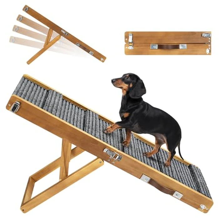 2026 Upgraded Dog Ramp for Couch, Foldable Small Dog Ramp for Sofa, 4 Adjustable Height from 13'' to 21", Portable Stable Pet Step with Non-Slip Pad, Pet Ramps Use for Couch Stairs, Walnut by Pawaboo - Used - Like New condition