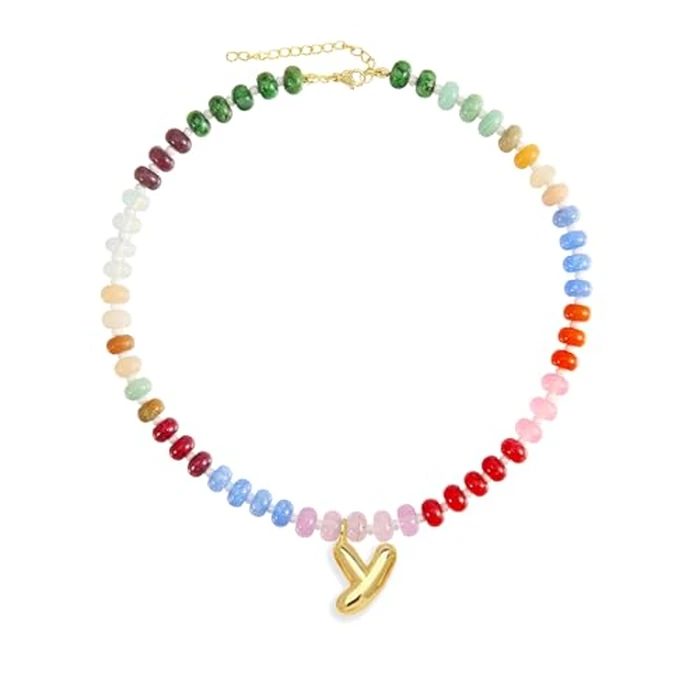 Hoifu Boho Colorful Beaded Necklace with Gold Bubble Letter A-Z Pendant,Handmade Trendy Beach Initial Necklace Chain,14K Gold-Plated Natural Stone Choker, Perfect Jewelry Gift for Women (Gold, Y) by Hoifu - Used - Very Good condition - US$20.65