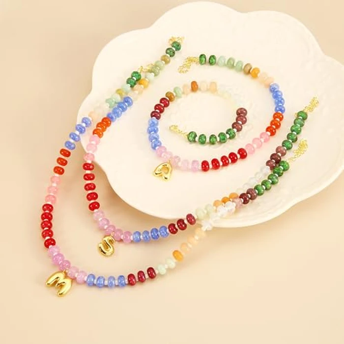 Hoifu Boho Colorful Beaded Necklace with Gold Bubble Letter A-Z Pendant,Handmade Trendy Beach Initial Necklace Chain,14K Gold-Plated Natural Stone Choker, Perfect Jewelry Gift for Women (Gold, Y) by Hoifu - Image 3
