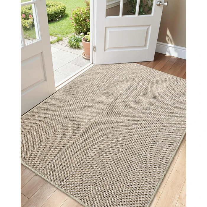 Color&Geometry Indoor Door Mat 36" x 60" Non Slip Low Profile Floor Mat, Ultra Thin Washable Entrance Mat Indoor, Unique Herringbone Design Carpet for Inside, Patio, Porch, Khaki(FOLD) by Color&Geometry - Used - Very Good condition - CA$49.49