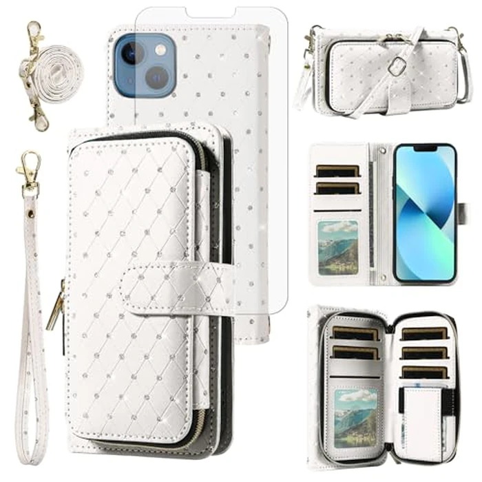 Phone Cover for iPhone 13 Mini 5.4 inch Wallet Case Cell Zipper with Screen Protector Crossbody Lanyard Strap Bling Card Holder Slot iPhone13mini i-Phone 13minicase i iPhone13 13mini Women Girls White by Asuwish - Used - Like New condition