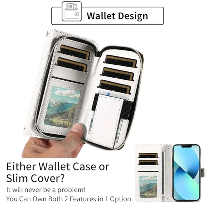 Phone Cover for iPhone 13 Mini 5.4 inch Wallet Case Cell Zipper with Screen Protector Crossbody Lanyard Strap Bling Card Holder Slot iPhone13mini i-Phone 13minicase i iPhone13 13mini Women Girls White by Asuwish - Image 3