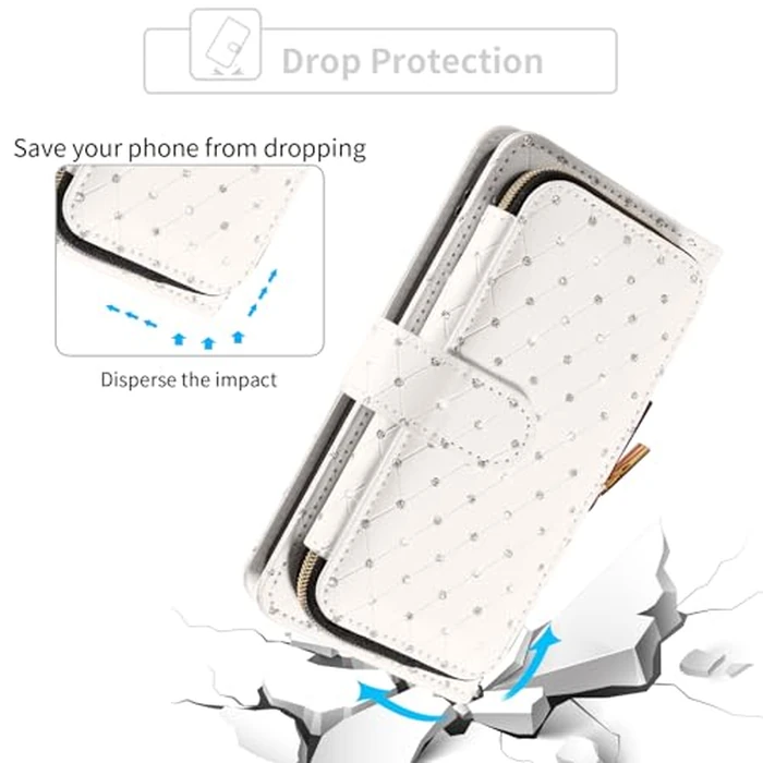 Phone Cover for iPhone 13 Mini 5.4 inch Wallet Case Cell Zipper with Screen Protector Crossbody Lanyard Strap Bling Card Holder Slot iPhone13mini i-Phone 13minicase i iPhone13 13mini Women Girls White by Asuwish - Image 7