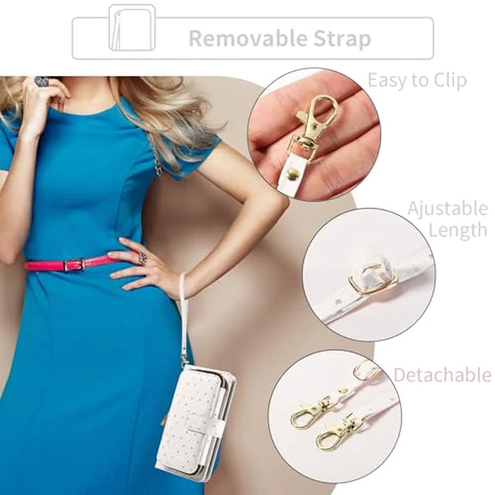 Phone Cover for iPhone 13 Mini 5.4 inch Wallet Case Cell Zipper with Screen Protector Crossbody Lanyard Strap Bling Card Holder Slot iPhone13mini i-Phone 13minicase i iPhone13 13mini Women Girls White by Asuwish - Image 8
