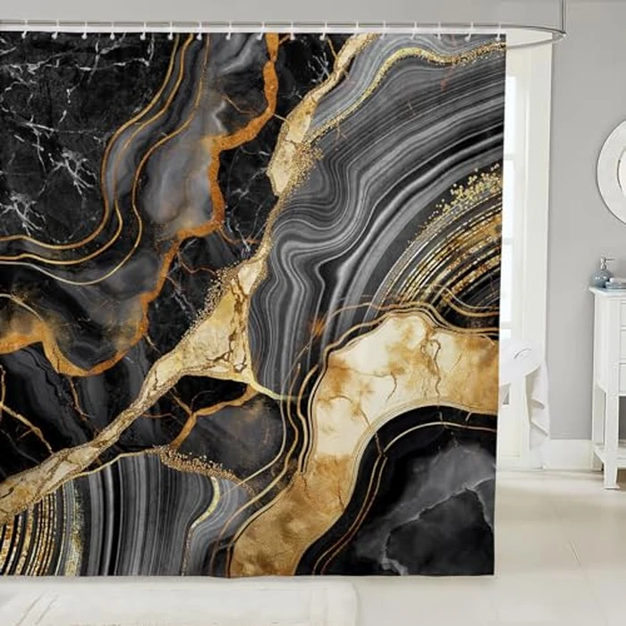 Erosebridal Black Marble Shower Curtain, 72" Wx72 L, Gold Crack Bathroom Set, Abstract Metallic Texture Fabric, Luxury Shinny Boho Hippie Fluid Curtain by Erosebridal - Used - Acceptable condition - CA$9.23