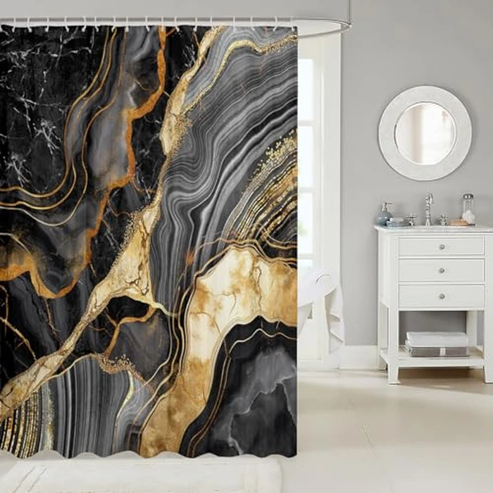 Erosebridal Black Marble Shower Curtain, 72" Wx72 L, Gold Crack Bathroom Set, Abstract Metallic Texture Fabric, Luxury Shinny Boho Hippie Fluid Curtain by Erosebridal - Image 2