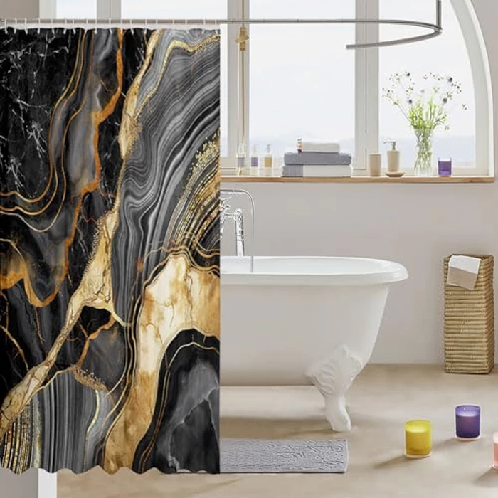 Erosebridal Black Marble Shower Curtain, 72" Wx72 L, Gold Crack Bathroom Set, Abstract Metallic Texture Fabric, Luxury Shinny Boho Hippie Fluid Curtain by Erosebridal - Image 3