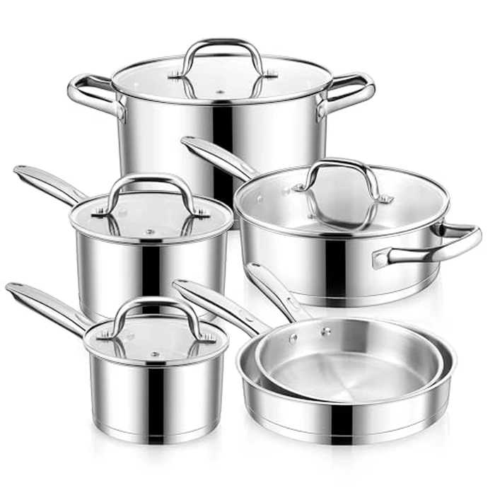 E-far 10-Piece Stainless Steel Cookware Set, Induction Pots and Pans Set with Tri-Ply Base, Non-toxic Kitchen Cooking Set w/Frying Pan, Saucepan, Saute Pan, Stockpot with Lids, Oven & Dishwasher Safe by E-far - Used - Very Good condition - US$89.99