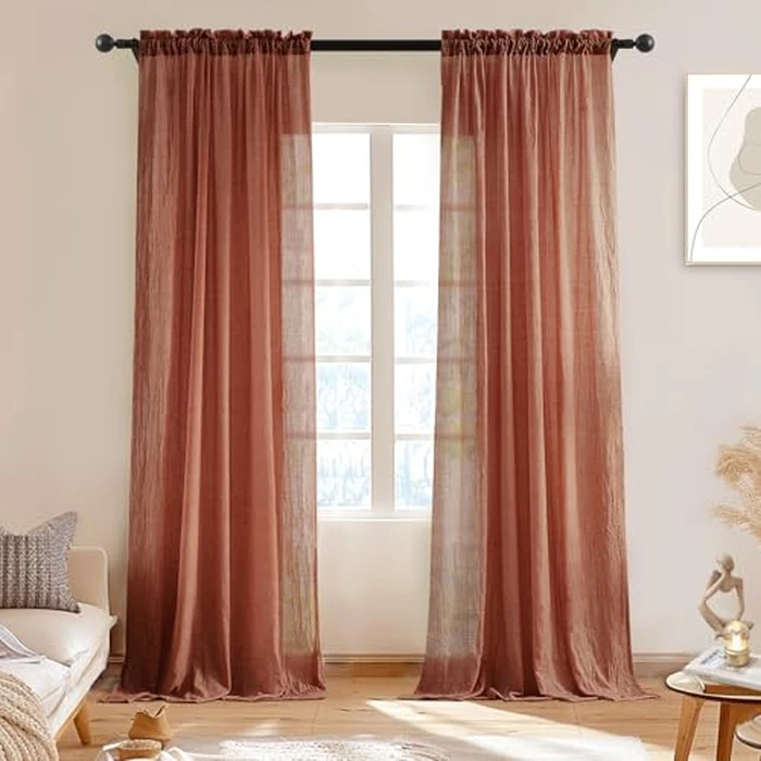 Melodieux Terracotta Sheer Curtains 96 Inches Long for Living Room, Elegant Cotton Linen Bedroom Window Sheer Drapes, Natural Farmhouse Rod Pocket Light Filtering Curtains, 52" W x 96" L, 2 Panels by Melodieux - Used - Like New condition