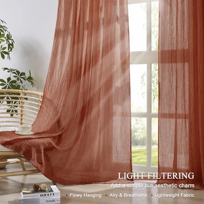 Melodieux Terracotta Sheer Curtains 96 Inches Long for Living Room, Elegant Cotton Linen Bedroom Window Sheer Drapes, Natural Farmhouse Rod Pocket Light Filtering Curtains, 52" W x 96" L, 2 Panels by Melodieux - Image 2