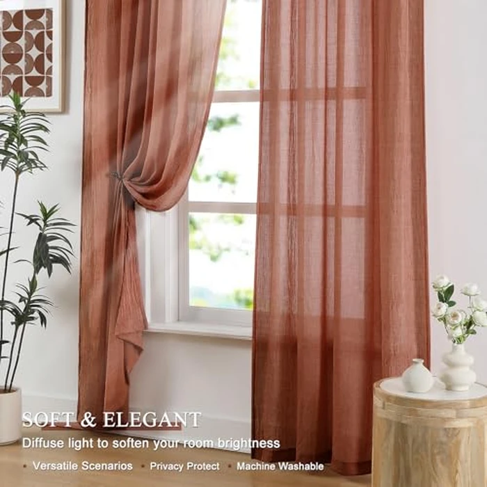 Melodieux Terracotta Sheer Curtains 96 Inches Long for Living Room, Elegant Cotton Linen Bedroom Window Sheer Drapes, Natural Farmhouse Rod Pocket Light Filtering Curtains, 52" W x 96" L, 2 Panels by Melodieux - Image 3