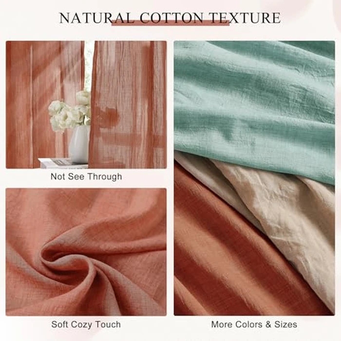 Melodieux Terracotta Sheer Curtains 96 Inches Long for Living Room, Elegant Cotton Linen Bedroom Window Sheer Drapes, Natural Farmhouse Rod Pocket Light Filtering Curtains, 52" W x 96" L, 2 Panels by Melodieux - Image 5